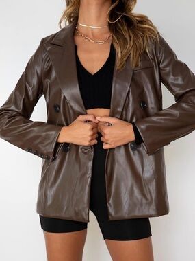 Women’s Double-Breasted Faux Leather Blazer Jacket - Brown